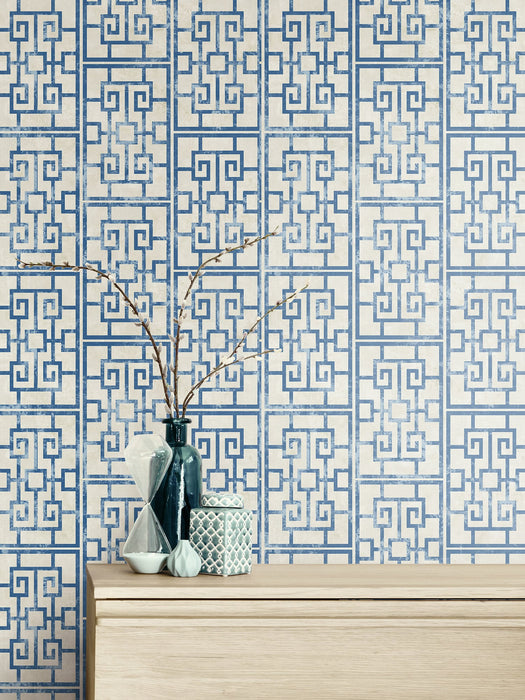 Seabrook Designs Dynasty Lattice Metallic Pearl And Azure Blue Wallpaper Sample AI40202