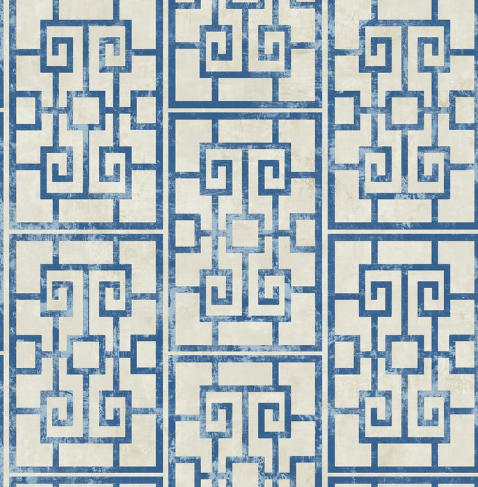 Seabrook Designs Dynasty Lattice Metallic Pearl And Azure Blue Wallpaper Sample AI40202