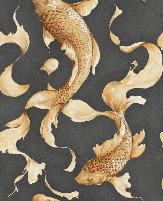 Seabrook Designs Koi Fish Metallic Gold And Ebony Wallpaper Sample AI40600