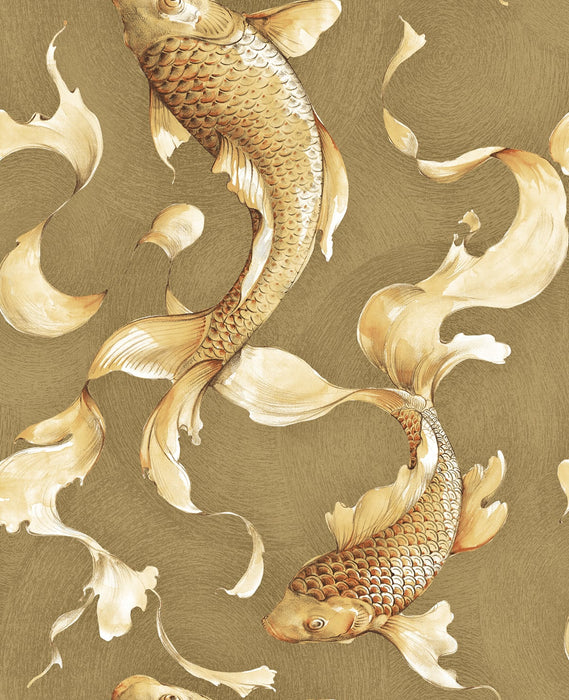 Seabrook Designs Koi Fish Metallic Gold And Toffee Wallpaper Sample AI40605