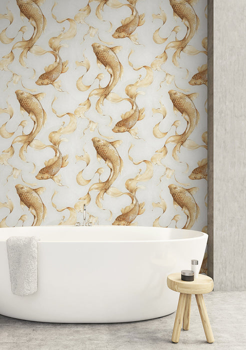 Seabrook Designs Koi Fish Metallic Gold And Off-white Wallpaper AI40610