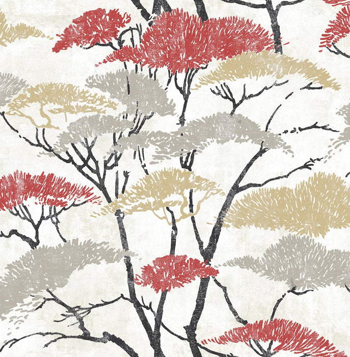 Seabrook Designs Confucius Tree Metallic Gold, Silver, And Crimson Wallpaper AI41400