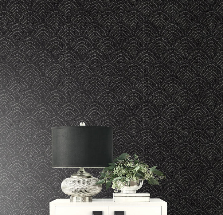 Seabrook Designs Confucius Scallop Ebony And Metallic Mocha Wallpaper Sample AI41500