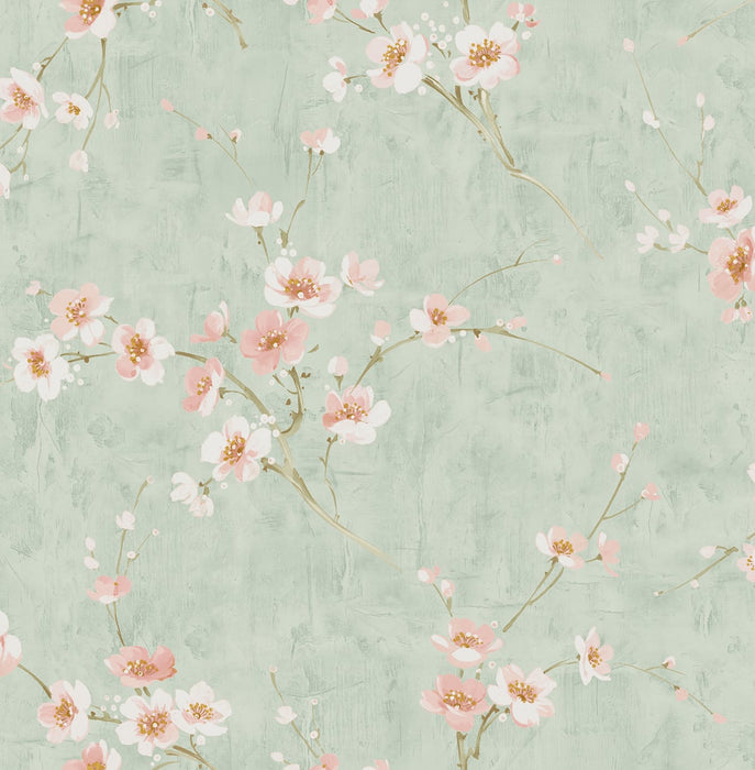 Seabrook Designs Silk Road Dogwood Metallic Mint And Pink Wallpaper Sample AI41604