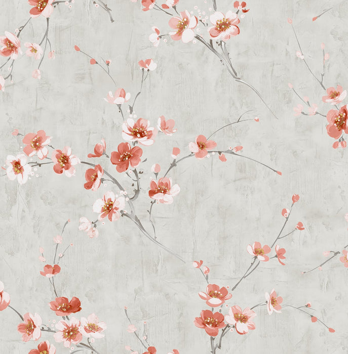 Seabrook Designs Silk Road Dogwood Metallic Silver And Strawberry Wallpaper Sample AI41608