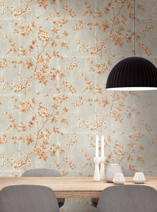 Seabrook Designs Great Wall Floral Metallic Orange And Gray Wallpaper AI41901