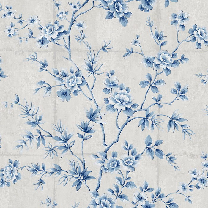 Seabrook Designs Great Wall Floral Metallic Silver And Sky Blue Wallpaper Sample AI41902