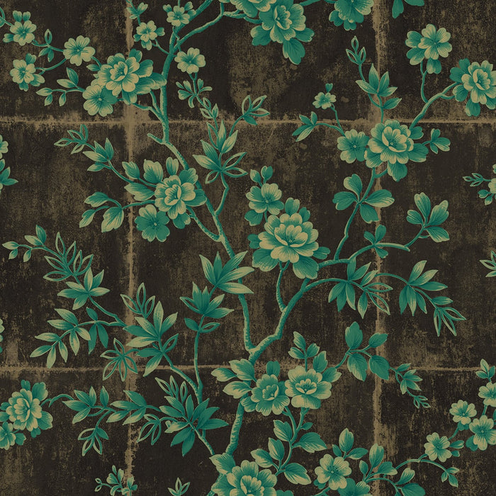 Seabrook Designs Great Wall Floral Metallic Mocha And Sea Green Wallpaper Sample AI41904