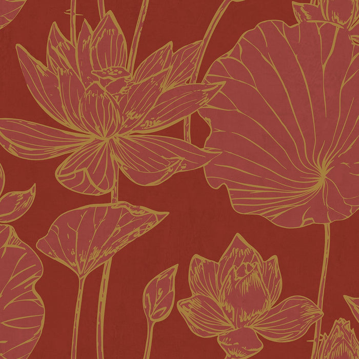 Seabrook Designs Lotus Floral Metallic Gold And Crimson Wallpaper Sample AI42301