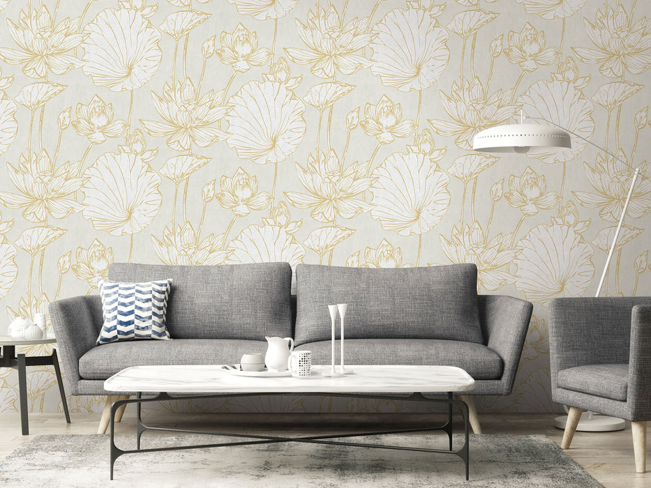 Seabrook Designs Lotus Floral Metallic Gold And Off-white Wallpaper AI42305