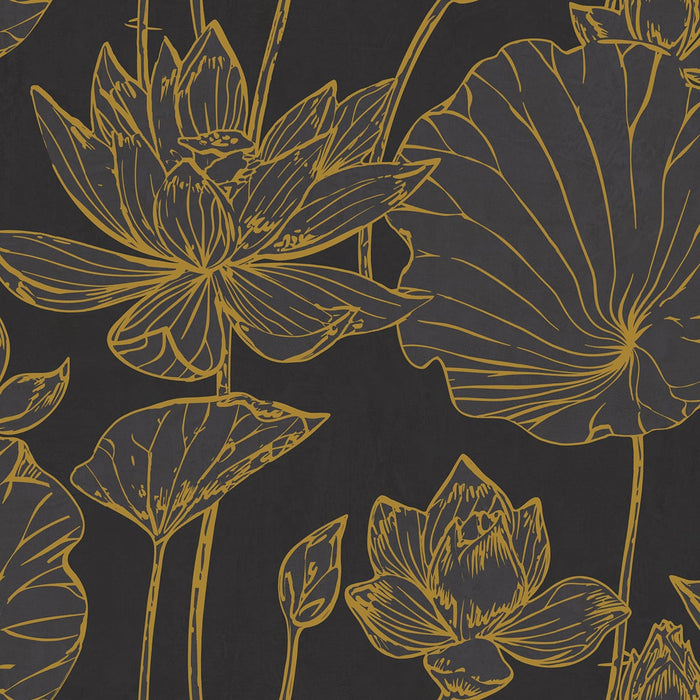 Seabrook Designs Lotus Floral Metallic Gold And Ebony Wallpaper Sample AI42306