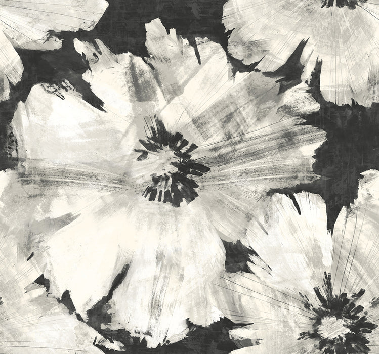 Seabrook Designs Curie Abstract Floral Metallic Ebony And Off-white Wallpaper Sample AV50000