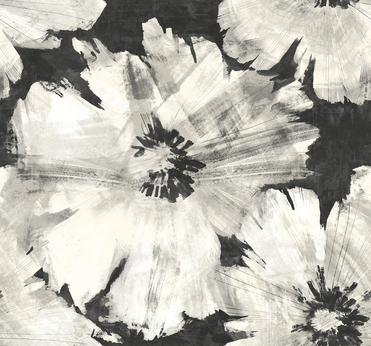 Seabrook Designs Curie Abstract Floral Metallic Ebony And Off-white Wallpaper AV50000