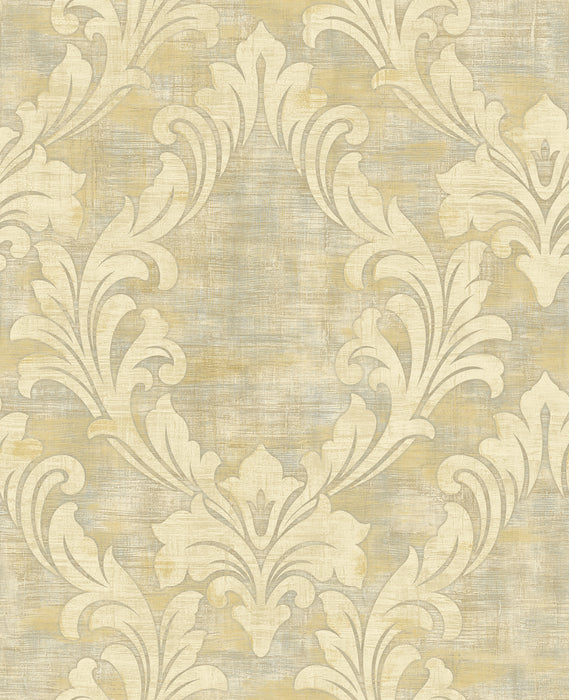 Seabrook Designs Kepler Damask Metallic Pearl And Gold Wallpaper Sample AV50705