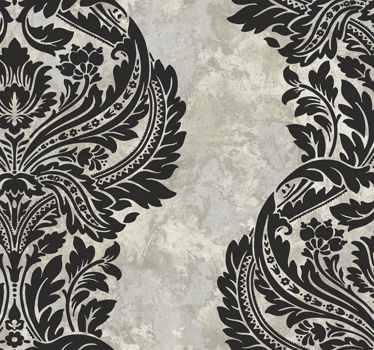 Seabrook Designs Newton Damask Black And Greige Wallpaper Sample AV51300