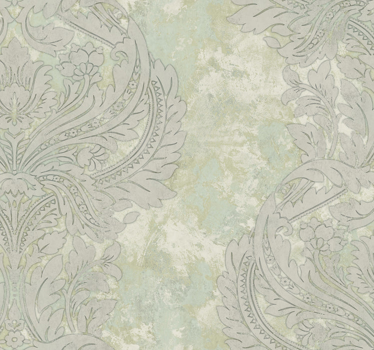 Seabrook Designs Newton Damask Metallic Gold And Mint Wallpaper Sample AV51304