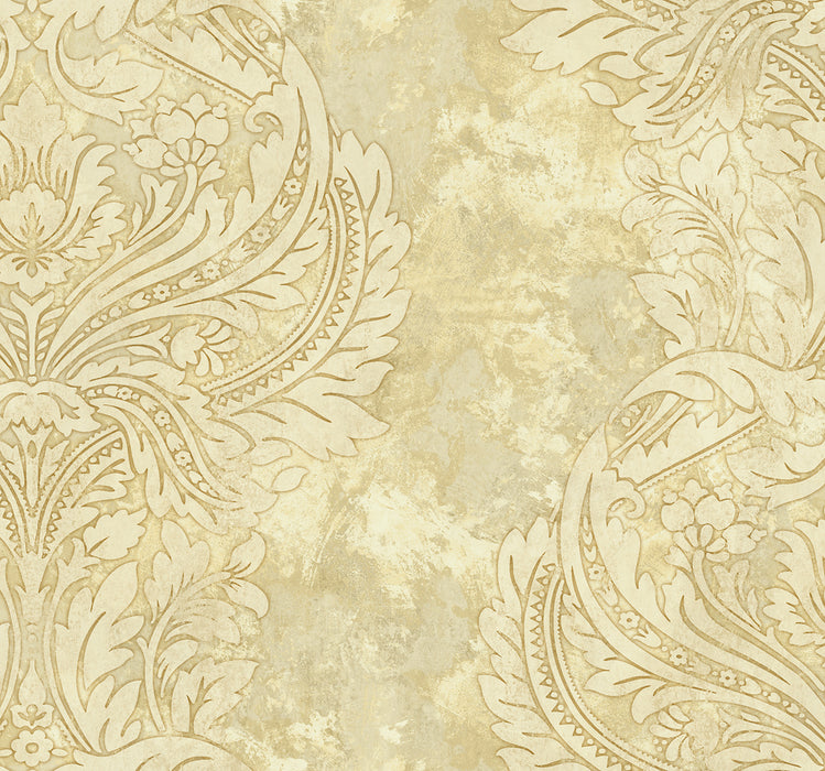 Seabrook Designs Newton Damask Metallic Gold And Off-white Wallpaper Sample AV51305