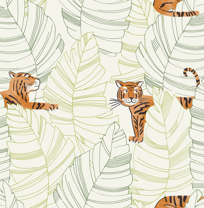 Seabrook Designs Hiding Tigers Green And Orange Wallpaper Sample DA61204