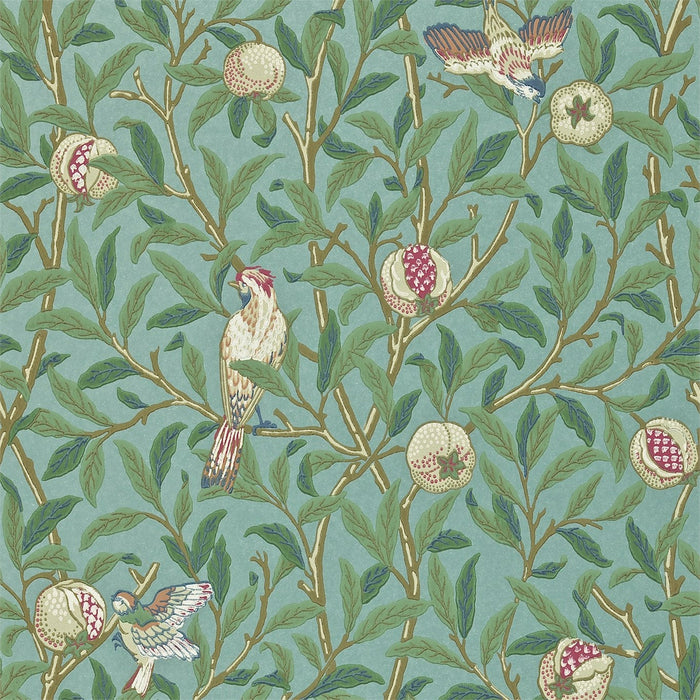 Morris & Co Bird & Pomegranate Turquiose/Coral 212538 Wallpaper Sample DARW212538