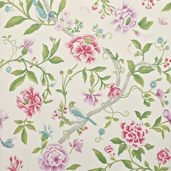 Sanderson Porcelain Garden Magenta/ Leaf Green PO106 Wallpaper Sample DCAVPO106