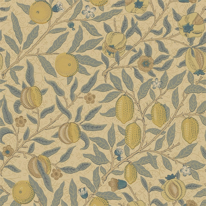 Morris & Co Fruit Blue/Maize/Gold/Oakwood/ Khaki FU103 Wallpaper Sample DGW1FU103