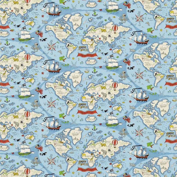 Sanderson Treasure Map Sea Blue 223914 Fabric Sample DLIT223914