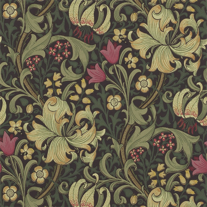 Morris & Co Golden Lily Charcoal/Olive 210403 Wallpaper Sample DM6P210403