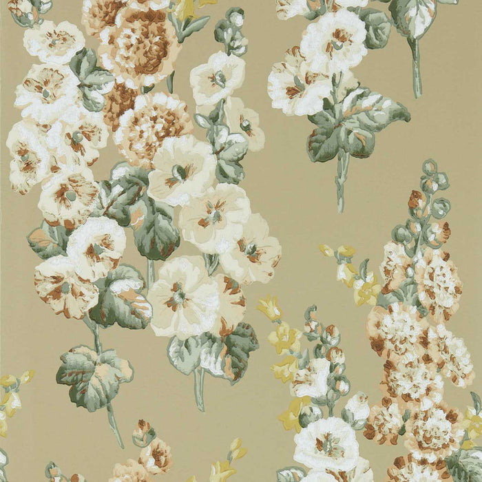 Sanderson Hollyhocks Gold Metallic/Tan 217034 Wallpaper Sample DOSW217034