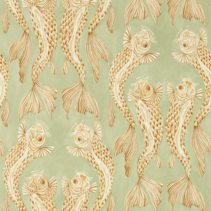 Sanderson Voyaging Koi Oriental Green/Honey 217114 Wallpaper Sample DWAW217114