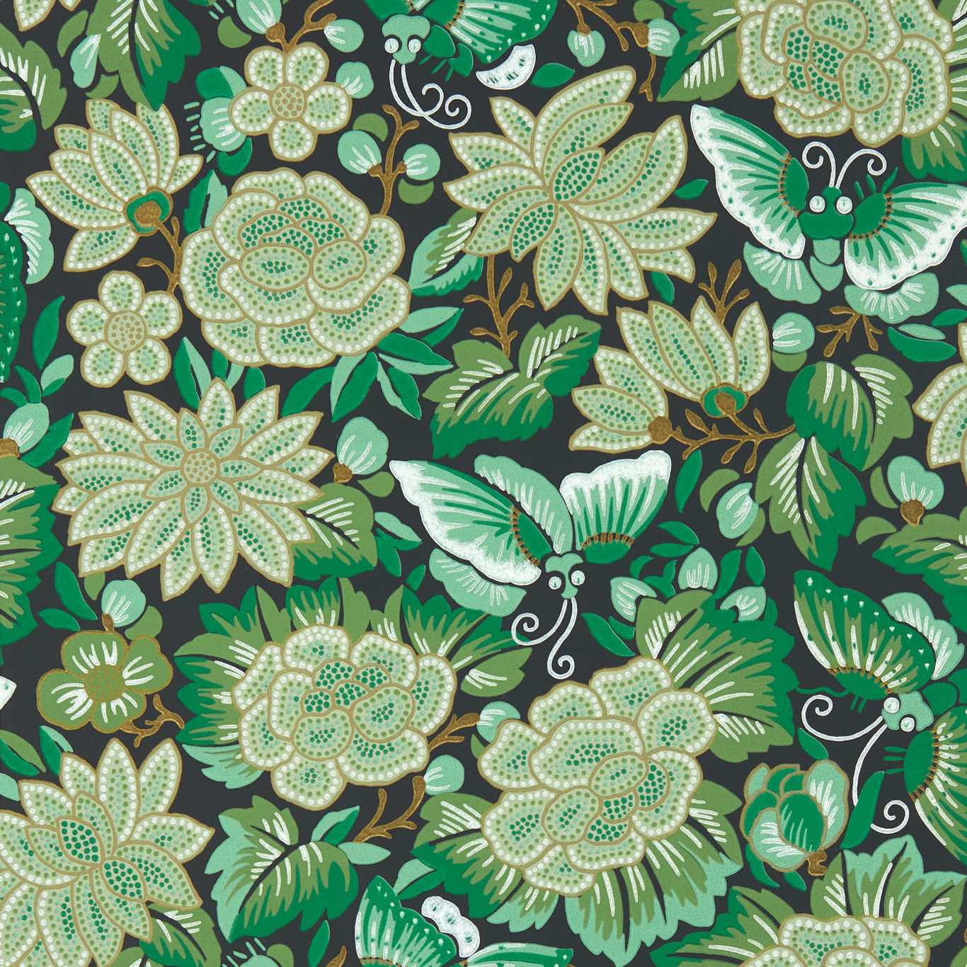 Sanderson Amara Butterfly Emerald/Ink Black 217117 Wallpaper Sample DWAW217117