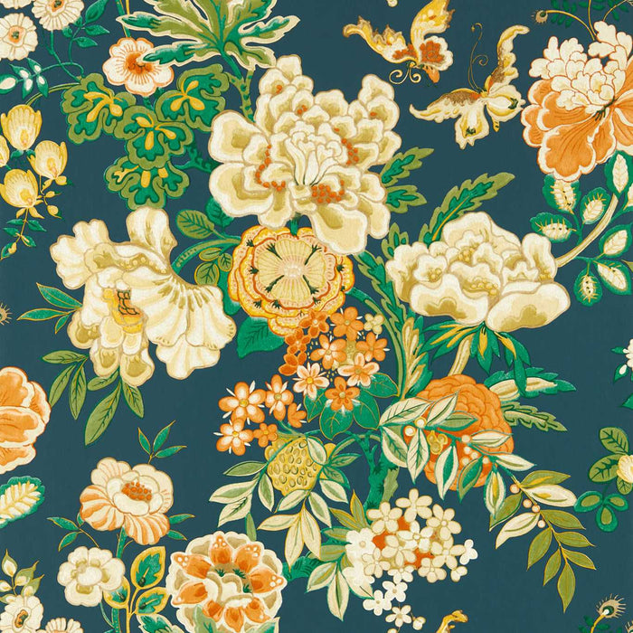 Sanderson Emperor Peony Midnight/Apricot 217120 Wallpaper Sample DWAW217120