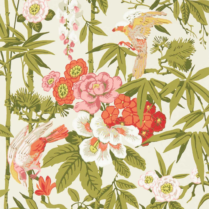 Sanderson Bamboo & Birds Mandarin Red/Olive 217128 Wallpaper Sample DWAW217128