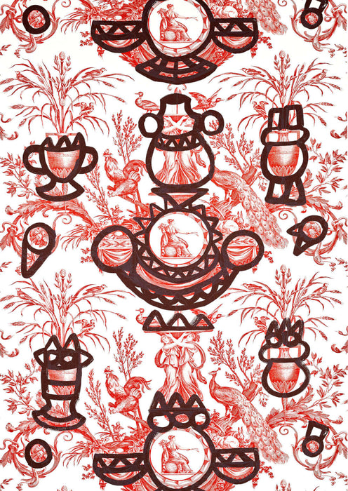 Pierre Frey Fontaine Et Animaux Barbouillage Rouge D'Orient Fabric F3379004