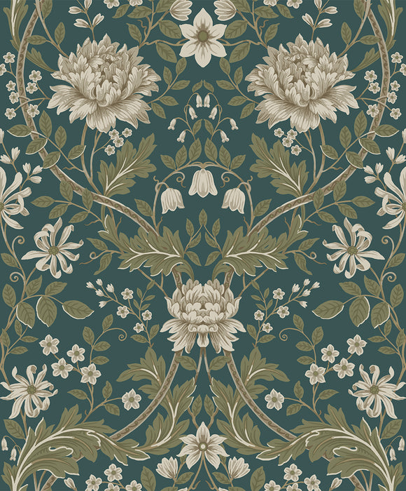 Seabrook Designs Honeysuckle Floral Prepasted Teal & Moss Green Wallpaper Sample EP10004