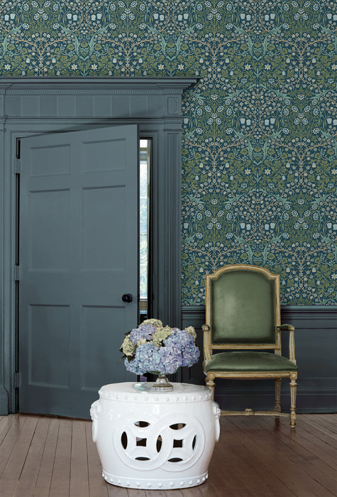 Seabrook Designs Victorian Garden Floral Prepasted Prussian Blue & Moss Green Wallpaper Sample EP10102