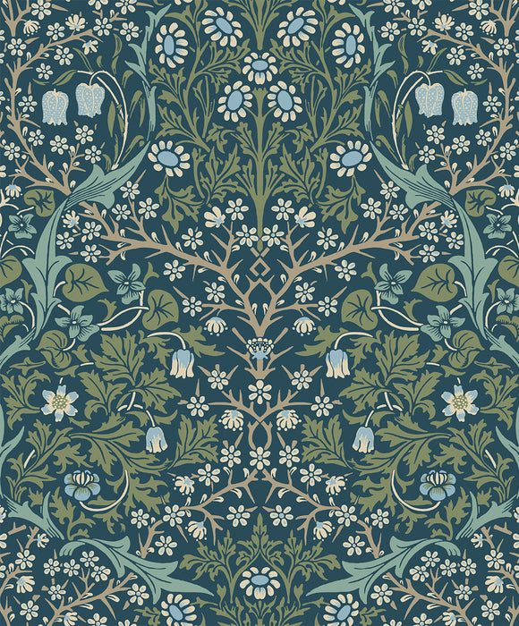 Seabrook Designs Victorian Garden Floral Prepasted Prussian Blue & Moss Green Wallpaper Sample EP10102