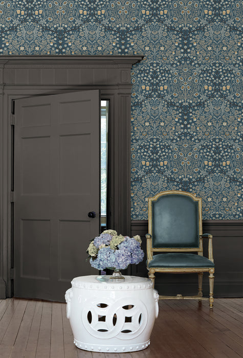 Seabrook Designs Victorian Garden Floral Prepasted Aegean Blue & Warm Stone Wallpaper Sample EP10112