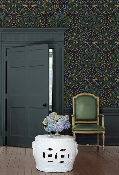 Seabrook Designs Victorian Garden Floral Prepasted Midnight Blue & Evergreen Wallpaper Sample EP10122