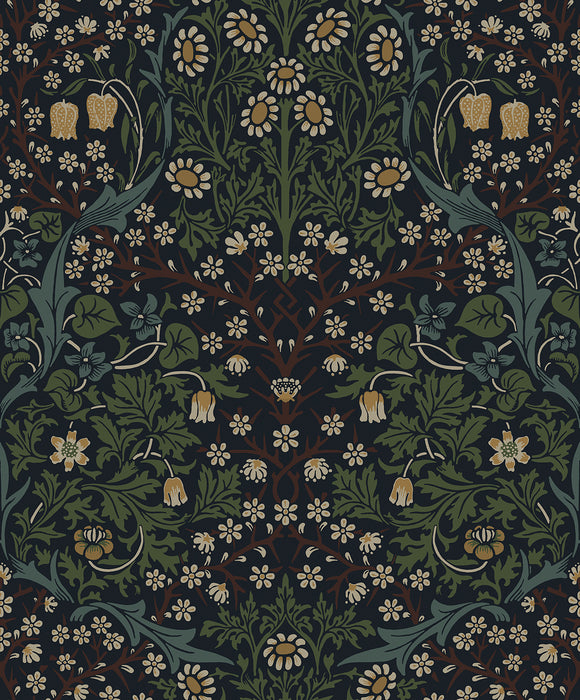 Seabrook Designs Victorian Garden Floral Prepasted Midnight Blue & Evergreen Wallpaper Sample EP10122