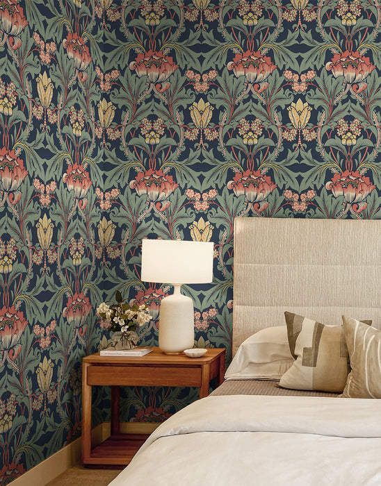 Seabrook Designs Primrose Garden Floral Prepasted Denim Blue & Auburn Wallpaper Sample EP10202