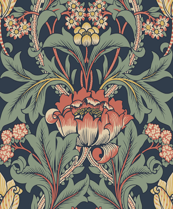 Seabrook Designs Primrose Garden Floral Prepasted Denim Blue & Auburn Wallpaper Sample EP10202