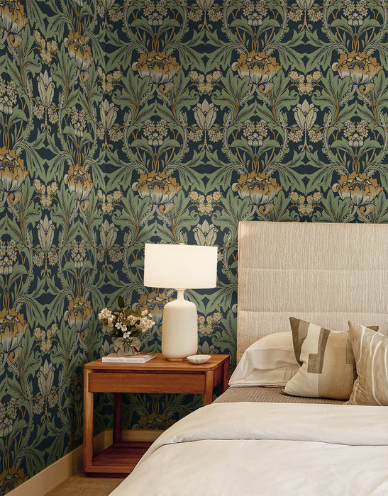 Seabrook Designs Primrose Garden Floral Prepasted Midnight Blue & Goldenrod Wallpaper EP10204