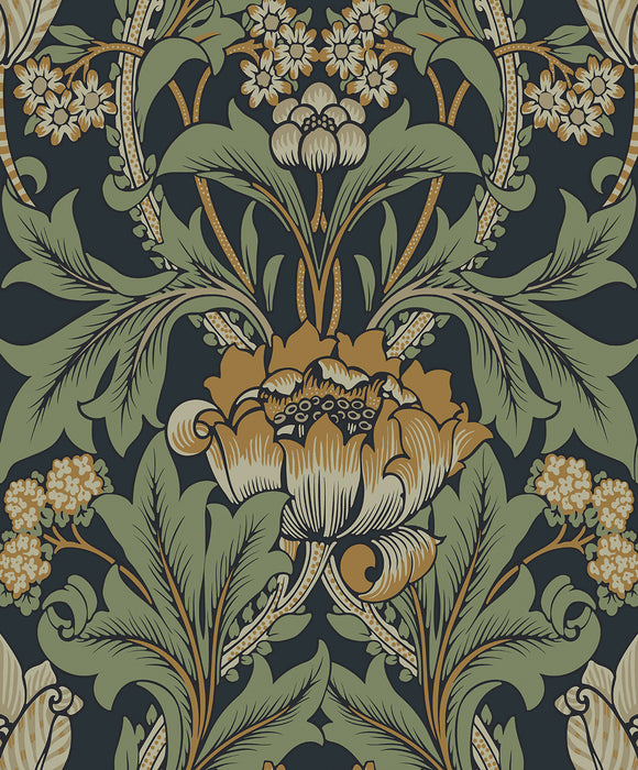 Seabrook Designs Primrose Garden Floral Prepasted Midnight Blue & Goldenrod Wallpaper Sample EP10204