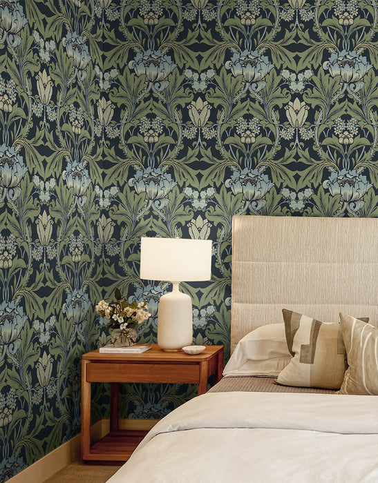 Seabrook Designs Primrose Garden Floral Prepasted Midnight Blue & Sage Wallpaper Sample EP10212