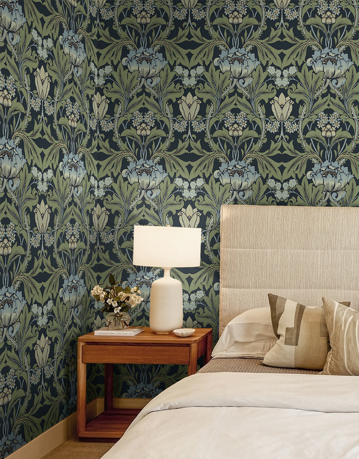 Seabrook Designs Primrose Garden Floral Prepasted Midnight Blue & Sage Wallpaper EP10212