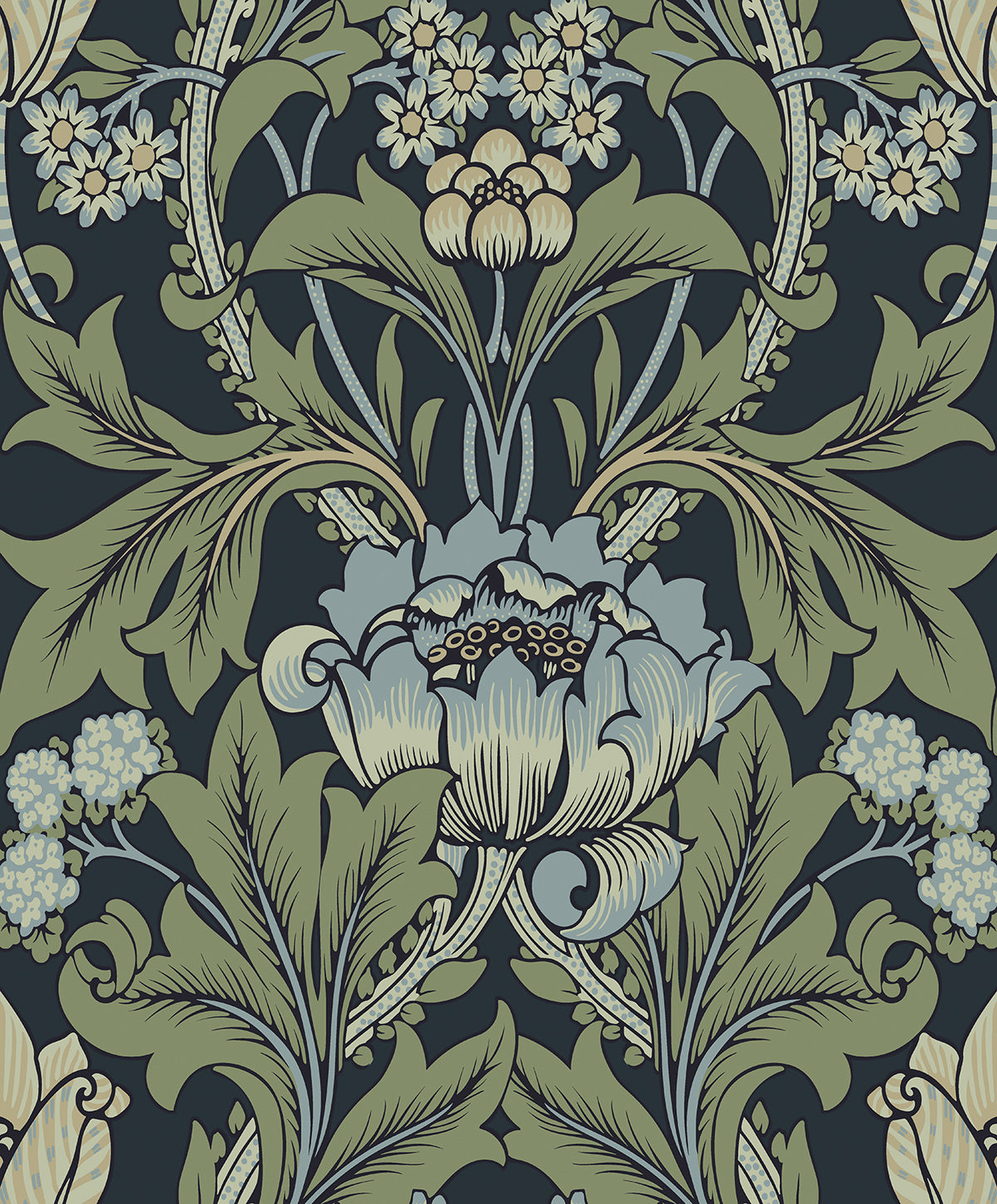 Seabrook Designs Primrose Garden Floral Prepasted Midnight Blue & Sage Wallpaper EP10212