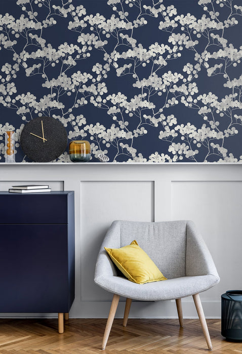 Seabrook Designs Bayberry Blossom Navy Blue Wallpaper Sample ET10502