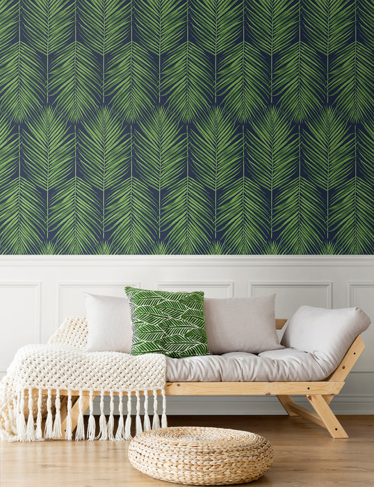 Seabrook Designs Marina Palm Moss Green & Blue Wallpaper Sample ET10714