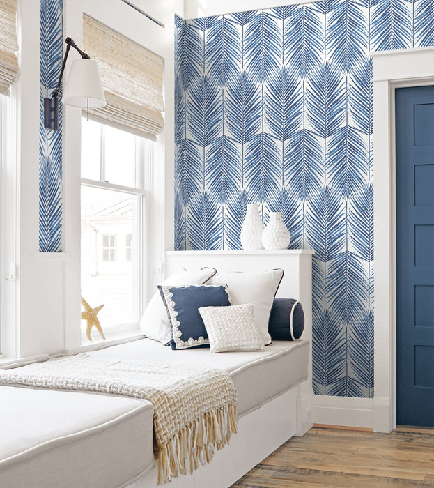 Seabrook Designs Marina Palm Coastal Blue Wallpaper Sample ET10722