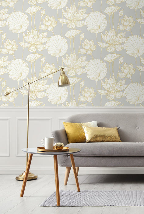 Seabrook Designs Water Lily Floral Metallic Gold & Grey Wallpaper ET10906